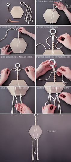 instructions to make a wind chime with paper and wire, including the hands holding it