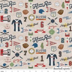 the fabric has many different sports related items on it, including baseball bats and numbers