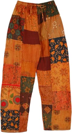 Beat the heat in style with these orange-hued patchwork pattern long pants, as vibrant as the sun.  The pants have a multi patchwork display with assorted motifs which look very boho. #tlb #SplitSkirtsPants #Patchwork #Tall #Fall #bohemianfashion #Handmade #TallHippiePants Boho Patchwork Pants, Patchwork Pants Diy Sewing Patterns, Patchwork Pants Pattern, Summer Orange Patchwork Bottoms, Brown Patchwork Summer Pants, Brown Patchwork Pants For Summer, Summer Brown Patchwork Pants, Casual Orange Patchwork Bottoms, Orange Bohemian Cotton Bottoms