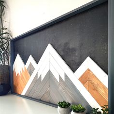 two potted plants sitting on top of a white table next to a black wall