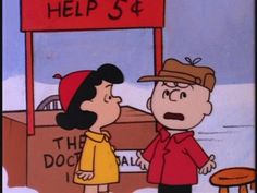 a cartoon character talking to another person in front of a sign that says help $ 4