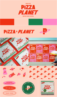 Branding identity with main logo, icon logo, horizontal secondary logo, pizza box packaging, poster advertismenets on wall, brand sci-fi elements of cheesy planet, ufo, planets and pizza rocket, branding pattern of the icon logo, authentic wood fire oven, hot and spicy, enjoy pizza call out bubbles, sticker design with icon logo and pizza planet infomation, pizza pacakging with a sticker attached to pizza box packaging Pizza Colour Palette, Pizza Logo Design Ideas Brand Identity, Pizza Color Palette, Pizza Branding Identity, Pizza Design Ideas, Pizza Branding Design, Red Green Color Palette