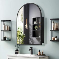 24 in. W x 36 in. H Arched Recessed/Surface Mount Medicine Cabinet with Mirror in Black HD-TJS54 - The Home Depot Framed Medicine Cabinet, Bathroom Mirror Storage, Surface Mount Medicine Cabinet, Black Hd, Medicine Cabinet With Mirror, Recessed Medicine Cabinet, Cabinet With Mirror, Medicine Cabinets, 3 Shelves