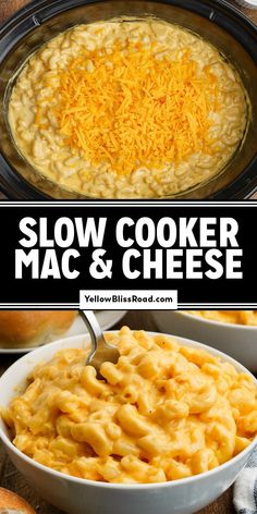 slow cooker macaroni and cheese in a crock pot with text overlay