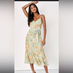 Super Breathable And Comfortable Green Chiffon Midi Dress With Floral Print, Green Floral Print Chiffon Dress For Garden Party, Dresses Sage Green, White Satin Dress, White Floral Midi Dress, Sage Green Floral, Black Lace Midi Dress, Bridal Shower Dress, Chiffon Midi Dress