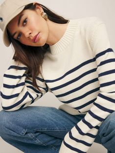 Anna Cotton Crewneck Sweater Sailor Sweater, Sailor Shirt, Sailor Fashion, Sweater Design, Y2k Streetwear, Navy Stripes, Catsuit, Cashmere Sweater, On The Side