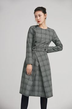 image 2 Winter A-line Midi Dress For Office, Plaid Midi Dress For Work, Wool Long Sleeve Dresses For Work, Winter Wool Tweed Dress Knee-length, Winter Wool Tweed Knee-length Dress, Knee-length Wool Tweed Dress For Winter, Office Wool Dresses With Long Sleeves, Plaid Long Sleeve Midi Dress For Work, Long Sleeve Wool Dresses For Office