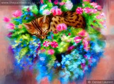 a painting of a cat sleeping in a bouquet of flowers with the caption that reads, ` `