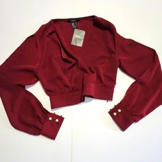 Forever 21 Long Sleeve Plunging Neck Crop Top Size Medium Wine V-neck Blouse For Going Out In Fall, Elegant V-neck Crop Top For Fall, Chic Burgundy V-neck Blouse, Chic Burgundy Tops For Party, Chic Burgundy Party Top, Elegant V-neck Crop Top For Workwear, Elegant V-neck Crop Top For Work, Burgundy V-neck Top For Date Night, Forever 21 V-neck Party Crop Top