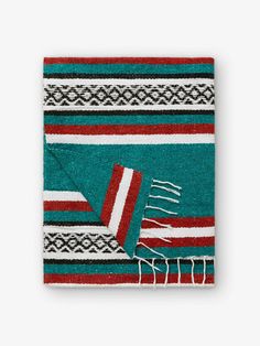 a green and red striped blanket with fringes