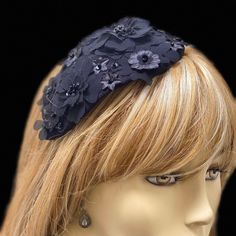 "A classic petite black fascinator hat with old world style. This is the perfect piece for so many occasions. Can be worn to a wedding, funeral, church or derby party. A quality teardrop sinamay base is hand covered with black fabric and hand pieced fabric flowers with a scattering of sequins and beads. Each small hat is made to order so no two are exactly the same. MEASUREMENTS for PETITE fascinator: sinamay hat base is 7\" long and 3.75\" wide. This black fascinator attaches to the hair with y Fitted Black Fascinator For Evening, Black Fitted Fascinator For Evening, Black Fitted Fascinator For Party, Evening Headband Fascinator For Kentucky Derby, Fitted Black Fascinator For Party, Black Hat-style Headpieces For Wedding, Black Hat Headpiece For Wedding, Structured Crown Black Headpiece For Wedding, Kentucky Derby Evening Fascinator Headband