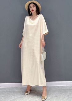 Top Quality Beige O-Neck Oversized Tie Waist Silk Long Dress Half SleeveFabric:Silk blendedSize & Fit: Fit: This garment fits true to size.Length: Size 4xl measures 46.02"from shoulder to hemBust: Great for any cup size. Waist: Loose Fit. Comfortable room throughout midsection.Hip: Loose Fit - room for hips. Hand Wash Cold. Elegant Oversized Short Sleeve Maxi Dress, Dress Half Sleeve, Silk Long Dress, Silk Dress Long, Half Sleeve Tops, Half Sleeve Dresses, Long Dress Casual, Linen Maxi Dress, Comfortable Room