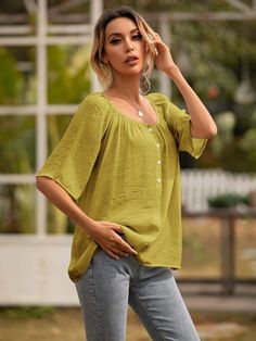 Spring has never looked brighter with this button blouse! This 3/4 sleeve top is perfect for any layering outfit or just standing on its own with your favorite denim jeans and sporty shoes. The elbow length short sleeves and gathered neckline details add to the unique chic other blouses can't offer you. Tuck half the front for a trendy fun look in the sun. MATERIAL: 100% Poly Blend MEASUREMENTS: Blouse Length is 25"-27"in Shirt Blouses Women's, Casual Summer Tops, Top Shirt Women, Layering Outfits, Sleeves Clothing, Weave Style, Sleeve Fashion, Summer Blouses, Loose Shorts