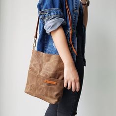 FREE SHIPPING Brown Waxed Canvas Cross Body Sling Bag, Personalized Gift, Couple Bag, Customized Bag On-the-go Waxed Finish Shoulder Satchel, Waxed Canvas Crossbody Bag For On-the-go, Bucket Bag With Removable Pouch As Gift, Waxed Finish Shoulder Satchel For Daily Use, Brown Canvas Bag With Silt Pocket, Brown Canvas Pouch Bag For Everyday Use, Brown Pouch Canvas Bag For Everyday Use, Rectangular Waxed Canvas Satchel With Adjustable Strap, Rectangular Waxed Finish Travel Shoulder Bag