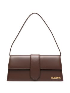 brown calf leather gold-tone logo plaque foldover top with magnetic fastening single shoulder strap internal card slot Jacquemus Shoulder Bag, Jacquemus Bag Brown, Aesthetic Wallets For Women, Brown Bag Aesthetic, Brown Designer Bag, Brown Bag Outfit, Jacquemus Bambino, Jacquemus Le Bambino Long, Long Shoulder Bag