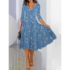 Season:Summer,Spring,Fall; Fabric:Polyester; Sleeve Length:3/4 Length Sleeve; Look After Me:Machine wash; Gender:Women's; Style:Mature,Streetwear,Modern,Fashion; Elasticity:Micro-elastic; Occasion:Date,Weekend,Outdoor,Going out,Daily; Fit Type:Regular Fit; Dresses Type:SpringDress,Print Dress,Swing Dress,A Line Dress; Pattern:Floral; Design:Print; Neckline:V Neck; Front page:FF; Listing Date:08/01/2023; 2024 Trends:2023; Bust:; Length:; Shoulder Width:; Sleeve:; Fit US Size:; Fit UK Size:; Fit E Casual Printed Midi Dress With 3/4 Sleeves, Casual Midi Dress With 3/4 Sleeves And Print, Casual Midi Dress With 3/4 Sleeves For Summer, Spring Half Sleeve Printed Midi Dress, Spring Midi Dress With 3/4 Sleeves And Print, Spring Beach Midi Dress With Half Sleeves, Blue Summer Midi Dress 3/4 Length, Spring Beach Midi Dress With 3/4 Sleeves, Casual 3/4 Length Midi Dress For Spring