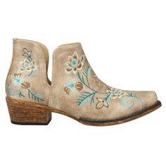 Snip toe ankle boot with double opened sides featuring a floral embroidery Size: 5.5.  Color: Beige.  Gender: female.  Age Group: adult. Corral Boots Womens, Cowboy Casual, Low Heel Booties, Cowboy Ankle Boots, Floral Boots, Boots Square Toe, Western Chic, Leather Boot Shoes, Boots Ankle