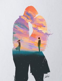 two people standing next to each other in front of a colorful sky