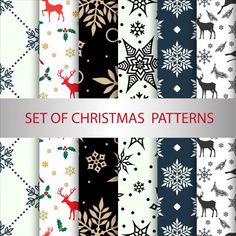 a set of christmas patterns with reindeers and snowflakes