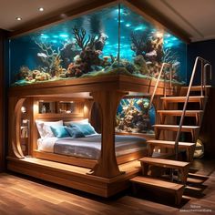 a bed room with a fish tank on the wall and stairs leading up to it