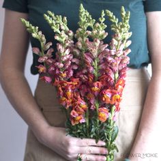 a woman is holding flowers in her hands