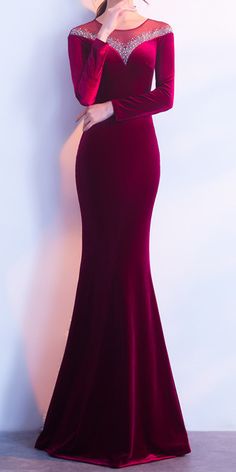 Elegant Floor-length Mermaid Dress For Red Carpet, Elegant Mermaid Hem Dress For Red Carpet, Red Dress Street Style, Red Frock, Maxi Dress With Long Sleeves, Stylish Gown, Evening Maxi Dress, Velvet Dress Designs, Lace Gown Styles