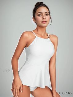 Lasaky - Womens Classic Tie Back One-piece Swimsuit, Spaghetti Strap Tummy Control Bathing Suit with Hollow Out Detail, Stretchy and Chic Swimwear & Clothing Ruffle Pattern, Pajama Top, Swimwear Outfit, Tie Backs, Pleated Skirt, One Piece Swimsuit, Bathing Suits, Off The Shoulder, Spaghetti Strap