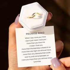 DESCRIPTION   With a meaningful message card included, this bypass ring is the perfect promise ring. It also serves as a reminder that the love between you is forever.   CARD MESSAGE   When I say I love you more   I don’t just mean I love you more than you love me.   I mean I love you more than the bad days ahead of us.   more than any fight we will ever have.   more than any obstacle that could   ever try and come between us.   I love you more than you will ever know.   I promise.   SPECIFICATIONS  Stone: AAA Grade Cubic Zirconia Metal: 925 Sterling Silver Plated with 18k Gold Nickel and Tarnish Free FREE Original Message Card What To Say When Giving A Promise Ring, Promise Ring Quotes For Her, Promise Ring Notes For Her, What Is A Promise Ring, Promise Ring Quotes For Him, Promise Quotes Relationships, Promise Ring Meaning, Promise Ring Message, Promise Ring Quotes