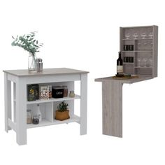 two different types of kitchen furniture including an island and wine rack with shelves on each side