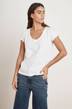 KIRA ORIGINAL SLUB SCOOP NECK TEE Casual Summer T-shirt With Scoop Back, Everyday Cotton Short Sleeve Top With Scoop Neck, Casual Scoop Neck Short Sleeve Top For Everyday, Casual Short Sleeve Scoop Neck Top For Everyday, Relaxed Scoop Neck Top For Everyday, Relaxed Everyday Scoop Neck Tops, Everyday Relaxed Scoop Neck Top, Everyday Relaxed Linen T-shirt, Closet Model