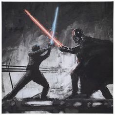 Dimensions: 23" H x 23" W x 1" D Material: Canvas & MDF Shape: Square Color: Black, White, Red & Blue Orientation: Vertical Includes: 1 - Sawtooth Hanger Quantity: 1 Decorate your home with iconic scenes like this Star Wars Lightsaber Battle Canvas Wall Decor. This canvas art piece features Luke Skywalker and Darth Vader having a fierce battle. It is painted in a black and white graffiti style while their lightsabers are colored blue and red respectively. Hang this piece up with other Star Wars Luke Skywalker And Darth Vader, Lightsaber Battle, Luke Skywalker Darth Vader, Star Wars Lightsaber, Black And White Graffiti, Wars Aesthetic, Specimen Book, White Graffiti, Iconic Scenes