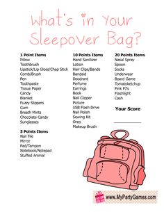 what's in your sleepover bag? info sheet with instructions on how to pack