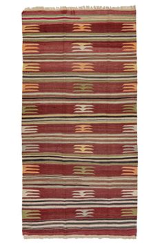 a red and green striped rug with fringes on the bottom, in different colors