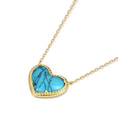 Lending a cool vibe to your look, this necklace makes a fitting choice for everyday wear. We love the textured heart shaped blue stone which gives it a touch of premium appeal while maintaining its elegance. It is suspended from a yellow gold tone sterling silver chain. Whether chosen as a gift or just for you, the details of this necklace were designed to be adored. Pair the heart-cut turquoise necklace with your favorite delicate pieces for a lovable layered look.Carat Weight: 2.1 ctStone Size Turquoise Pendant Necklace With Heart Charm, Turquoise Heart Charm Pendant Necklace, Turquoise Heart-shaped Necklaces For Gifts, Turquoise Heart Pendant Jewelry With Natural Stones, Turquoise Heart Necklaces For Gift, Turquoise Heart-shaped Necklace For Gift, Turquoise Heart Pendant Necklace With Gemstone, Elegant Turquoise Necklace With Heart Charm, Blue Heart Pendant Clavicle Chain Jewelry