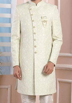 Ready-Made Sherwani With Trouser. Jacquard Brocade Fabric Top. Art Dupion Aligarhi Ready Made Trouser. Crafted in Chinese Collar Neck, and Full Sleeve. Satin Lining with Plain Work. High-Quality Matching Buttons. Please Note: The footwear shown in the picture is for presentation and photography purpose only. Color: There might be slight color variation due to lightings and flashes while photo shooting. The color may also vary because of different screen resolutions. Wash Care: Dry Clean Only. Western Party Wear, Indo Western Sherwani, Western Party, Western Parties, Chinese Collar, Readymade Saree, Dupion Silk, Collar Neck, Silk Trousers