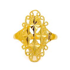 This intricate and trendy ring, crafted from 22k gold and weighing 3.7 grams, features a stunning yellow gold finish. With a ring size of 8.5, this piece combines contemporary design with timeless elegance. The availability of ring sizing ensures a perfect fit for every individual. Ideal for those seeking a fashionable yet sophisticated addition to their jewelry collection, this ring stands out with its detailed craftsmanship and luxurious appeal, adding a touch of modern sophistication to any look. Product Details Gold Purity(karat): 22k Gold Weight(grams): 3.7 Item Finish: Yellow Gold Ring Size: ﻿8.5﻿ Ring Sizing Available: Yes // Elegant Yellow Hallmarked Signet Ring, 22k Yellow Gold Filigree Ring For Wedding, Gold Filigree Open Ring, Gold Open Ring Filigree For Formal Occasions, Gold-plated Filigree Ring For Wedding, Gold Open Ring For Ceremonial Occasions, Gold Open Filigree Ring For Formal Occasions, Gold Engraved Ring With Intricate Design For Formal Occasions, Formal Gold Engraved Ring With Intricate Design