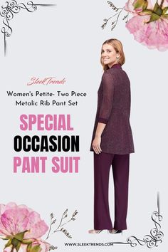 Women's Petite, Two Piece Metalic, Pant Set, Pant Suit! Elegant Stretch Sets For Evening, Elegant Evening Sets With Stretch, Elegant Stretch Sets For Party, Elegant Stretch Party Set, Elegant Festive Pants, Elegant Stretch Sets For Wedding, Elegant Stretch Wedding Sets, Elegant Festive Pantsuit For Formal Occasions, Elegant Formal Pantsuit For Festive Occasions