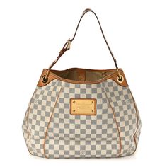 This is an authentic LOUIS VUITTON Damier Azur Galliera PM. This hobo style handbag is crafted of Louis Vuitton's signature Damier canvas in blue and white. It features a vachetta cowhide leather adjustable looping shoulder strap, pipingtrim, and polished brass hardware. The top opensto a beige microfiber interior with patch pockets. Luxury Coated Canvas Hobo Bag With Top Handle, Luxury Hobo Bag With Leather Handles And Coated Canvas, Luxury Coated Canvas Hobo Bag With Leather Handles, Designer Hobo Bag With Detachable Handle, Designer Shoulder Bag With Palladium Hardware In Coated Canvas, White Monogram Canvas Bag For Formal Occasions, Monogram Canvas Shoulder Bag With Palladium Hardware For Shopping, Designer Hobo Bag With Leather Handles For Formal Occasions, Designer Hobo Bag With Leather Handles For Formal Events