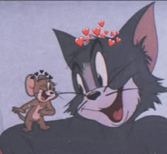 an animated cat and mouse with hearts on their head