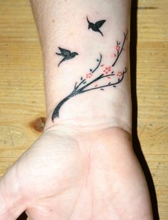 a person's hand with a small tattoo on the wrist that has birds flying around it