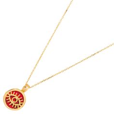 Shield yourself from negative energies with the Minimalist Coral & Gold Round Evil Eye Pendant Talisman Necklace. Featuring a round coral stone, adorned with a gold evil eye talisman, this pendant is designed for spiritual protection. Crafted with 18k gold plating on sterling silver and paired with a luxurious gold vermeil chain, this minimalist necklace is both fashionable and meaningful, perfect for everyday wear. Details 18K gold plated on sterling silver Coral stone Necklace length 18" and 2'' extender Pendant height 0. 5'' Pendant width 0. 5'' Avoid contact with chemicals, makeup, parfume. Do not use dips or abrasive cleaners on necklace. To clean and brighten it up your necklace, wipe them gently with jewelry polishing cloth. Red Necklace With Adjustable Chain For Everyday, Spiritual Charm Necklaces With Adjustable Chain, Spiritual Charm Necklace With Adjustable Chain, Red Circle Jewelry For Gift, Red Circular Jewelry For Gifts, Red Amulet Style Round Pendant Jewelry, Red Amulet Pendant, Red Necklace With Adjustable Chain, Spiritual Good Luck Necklace With Round Shape