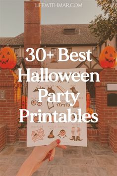 someone holding up a halloween party poster with the words 30 best halloween party printables