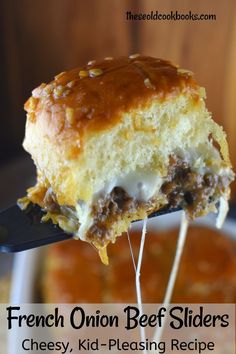 french onion beef sliders with cheese, kid - pleasing recipe on a spatula