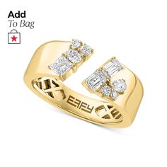 a yellow gold ring with two diamonds on it and the words, add to bag