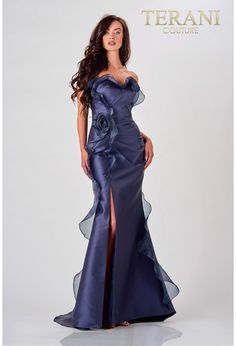 Terani Couture 2111E4743 Elegant Navy Evening Dress WithFrills Bagley Mischka Dresses Gowns, Sleek Gown, Navy Evening Dress, Navy Evening Dresses, Couture Evening Dress, Satin Evening Gown, Mermaid Evening Gown, Long Prom Gowns, Terani Couture