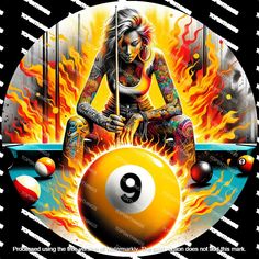 a woman with tattoos playing pool in front of a flaming fire ball on a black background