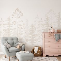 a baby's room with pink furniture and wallpaper, including a rocking chair