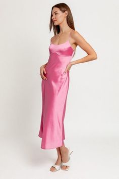 Pink spaghetti strap open back satin midi dress! -Model is wearing a small Pink Spaghetti, Midi Dress Pink, Fitted Midi Dress, Satin Midi Dress, Pink Midi Dress, Event Dresses, Dress Pink, Sales Gifts, Formal Event