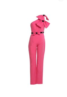 Indulge in timeless elegance with this bright pink jumpsuit, featuring a tailored silhouette complemented by charming bow accents and wide legs. A true embodiment of sophisticated style, this piece is your ultimate choice for both formal occasions and trendy outings. Embrace the fusion of classic and contemporary in one stunning ensemble. Summer Evening Pink Jumpsuits And Rompers, Pink Summer Evening Jumpsuit, Pink Evening Jumpsuit For Summer, Glamorous Pink Jumpsuits And Rompers, Elegant Pink Jumpsuits And Rompers For Summer, Spring Party Jumpsuits And Rompers With Bow, Spring Party Jumpsuit With Bow, Pink Fitted Jumpsuit For Formal Occasions, Elegant Pink Jumpsuit For Party