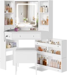 a white vanity with drawers and shelves filled with beauty products, including an illuminated mirror